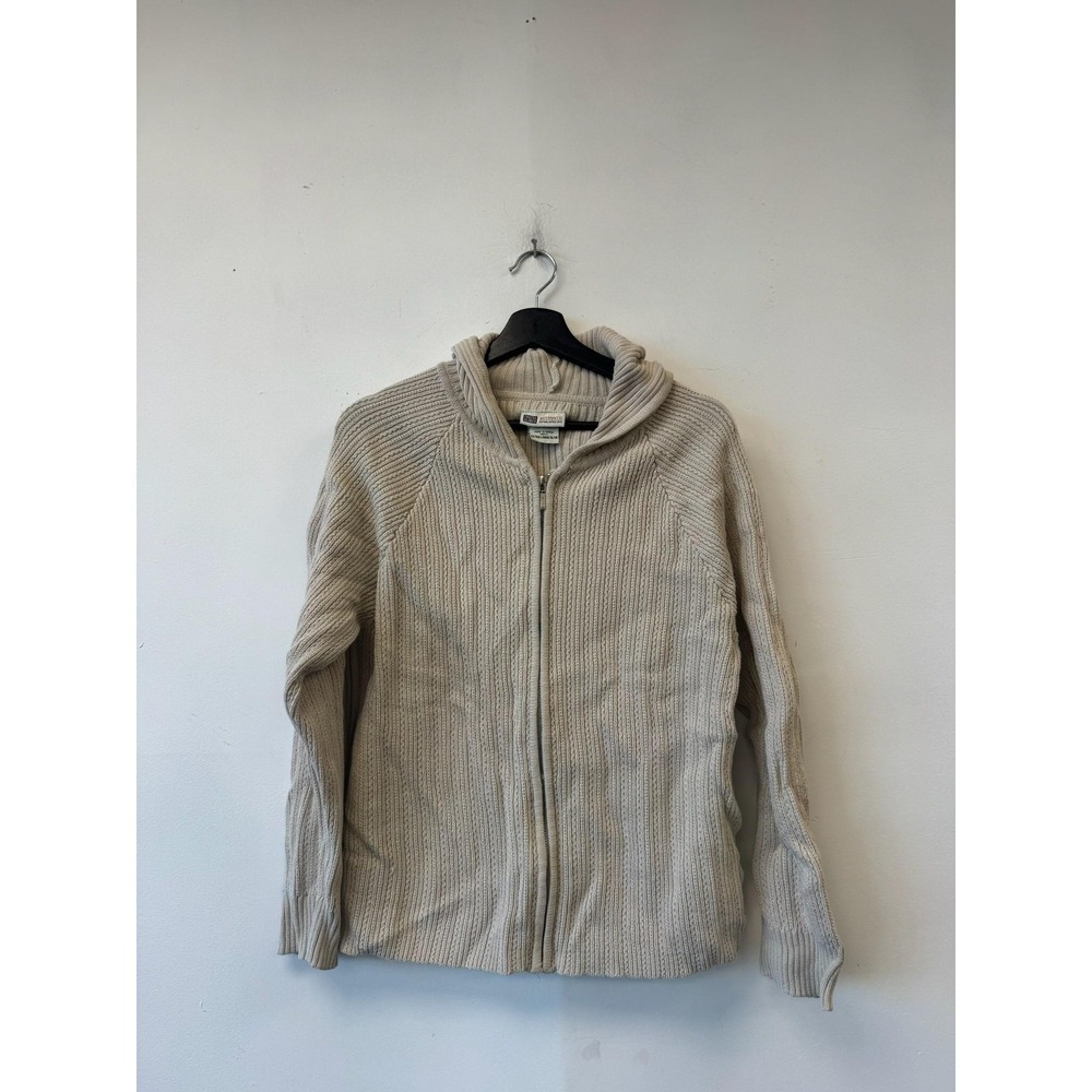 Vintage Faded Glory Sweater Womens XL Beige Hooded Full Zip Ribbed Knit Korea